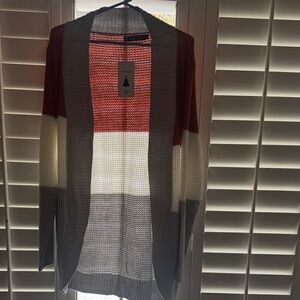 Stylish Red and Gray Open-Front Cardigan